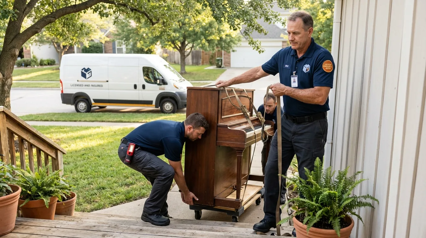 Licensed piano movers securing grand piano in Joliet, IL