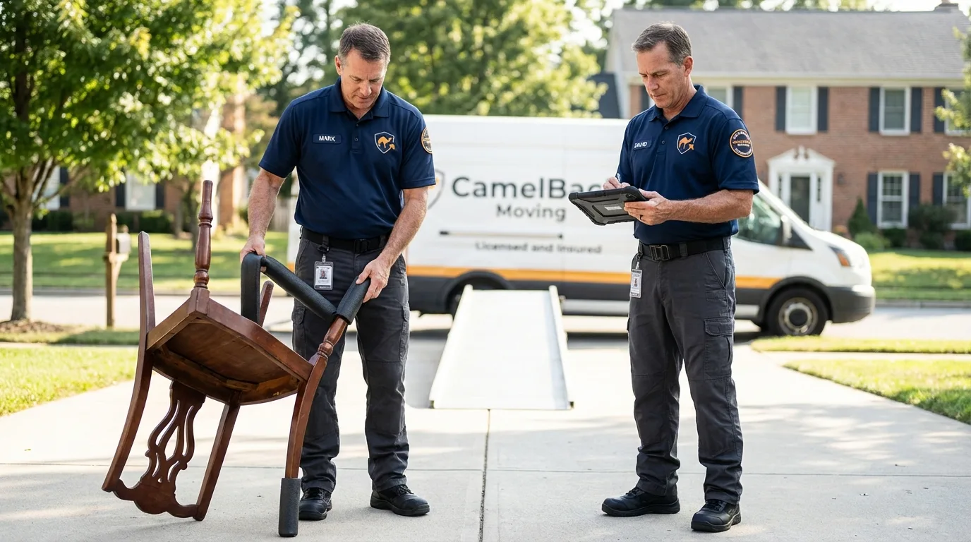 Movers inspecting furniture for damage prevention before loading in Joliet, IL