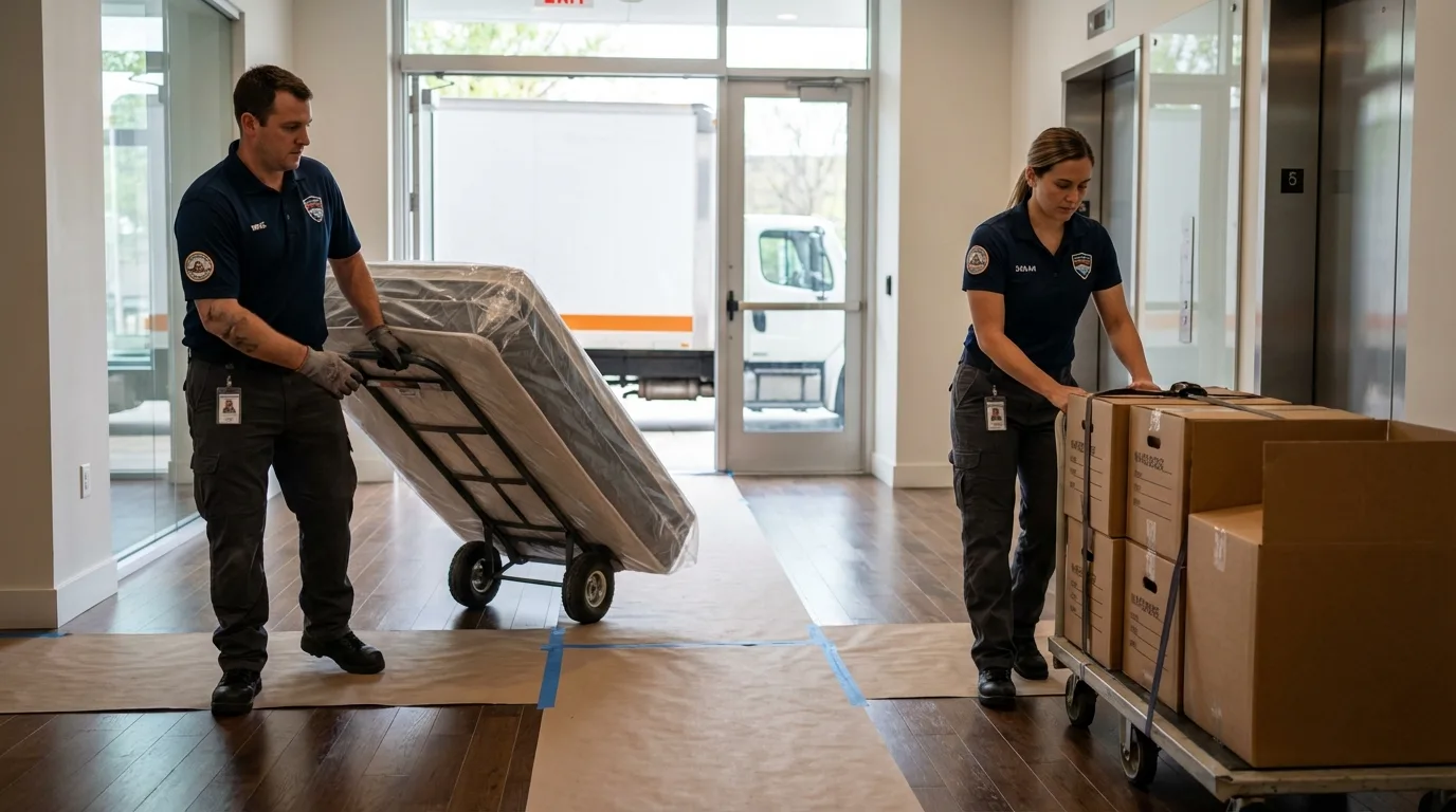 Professional apartment movers loading elevator in Joliet, IL