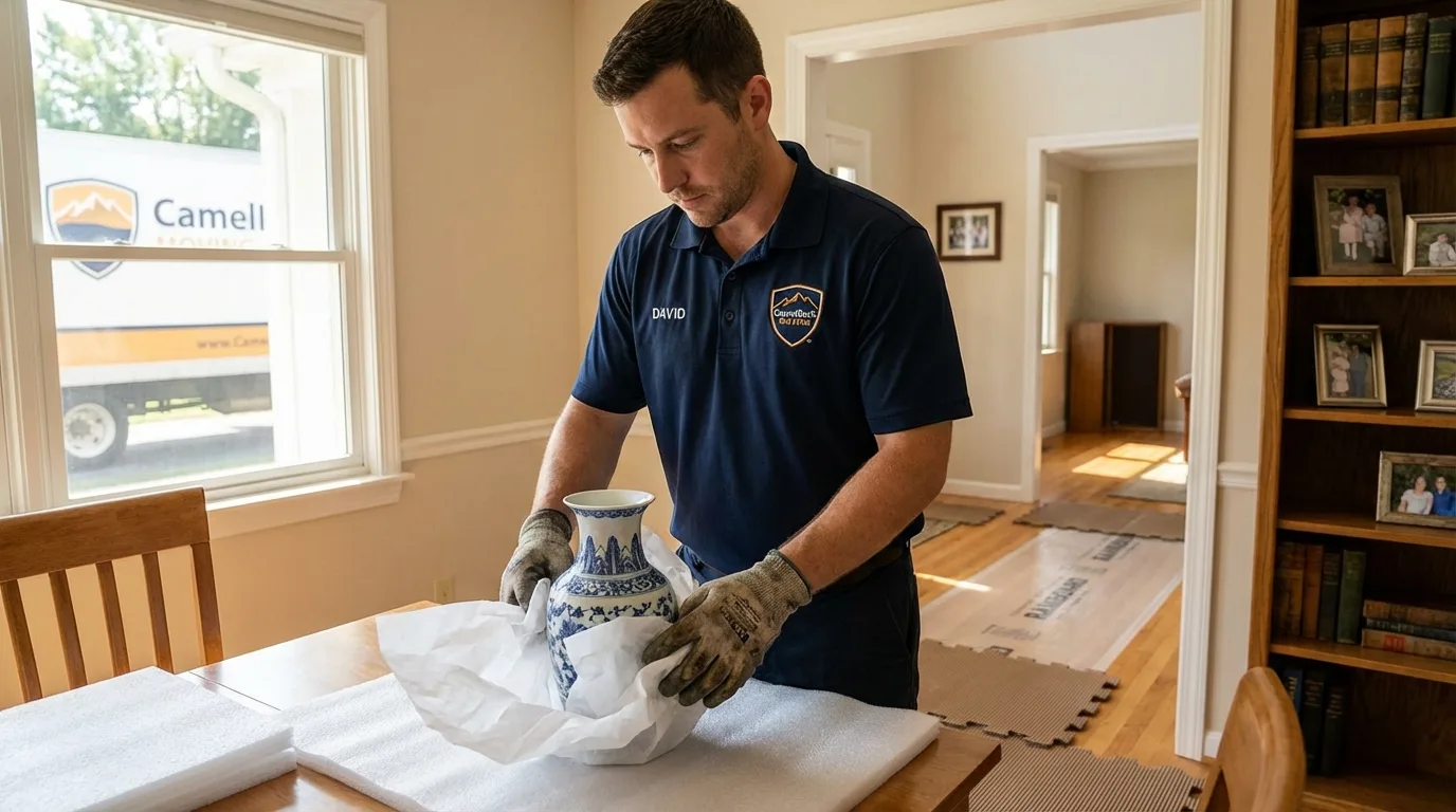 Professional crew carefully wrapping antique vase for senior downsizing move in Joliet, IL